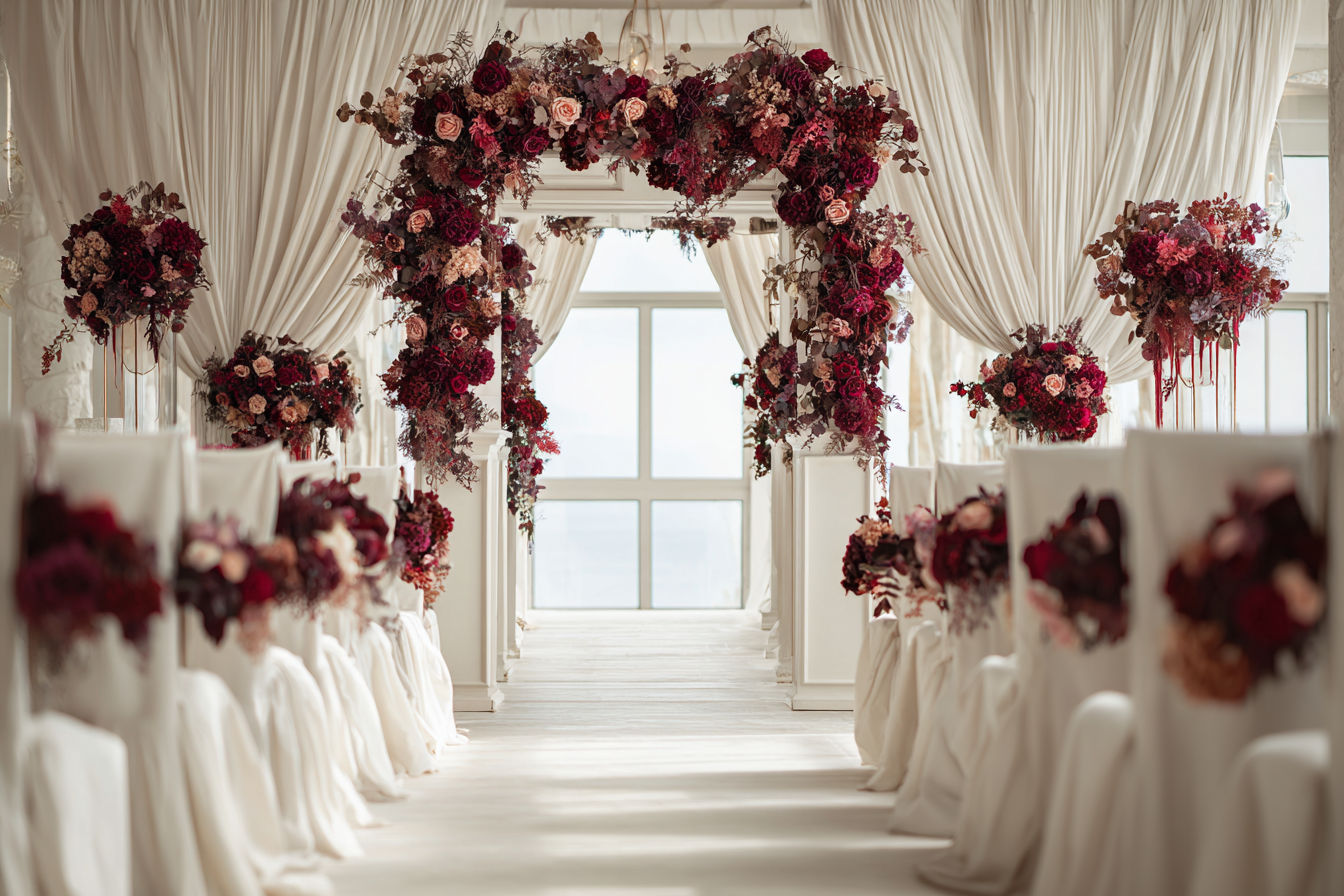 Une salle de cérémonie de mariage décorée de fleurs dans l'esprit 